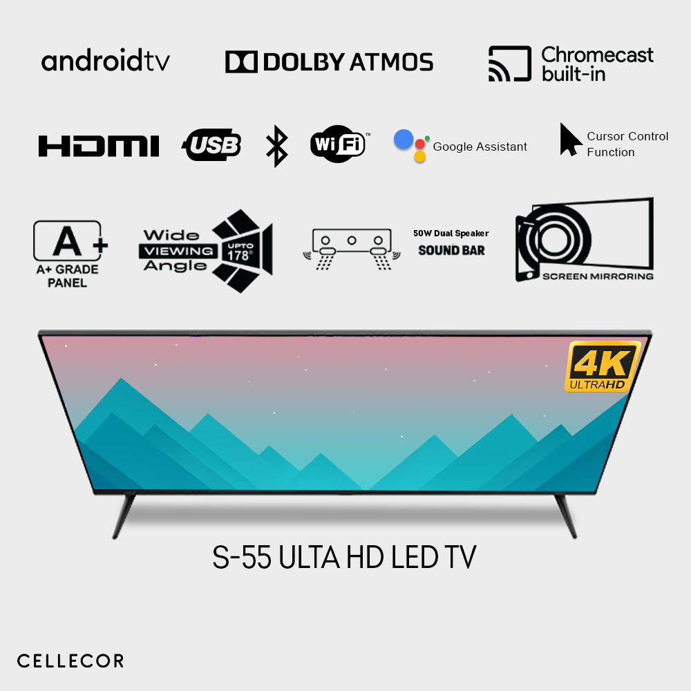 Cellecor S‑55 Smart TV – 55″ Ultra HD 4K Android TV with Dolby Audio