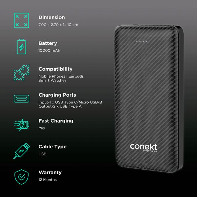 conekt Zeal Proton Pro 10000 mAh Fast Charging Power Bank (1 Micro USB Type B, 1 Type C & 2 Type A Ports, ABS Casing, LED Charging Indicator, Black)