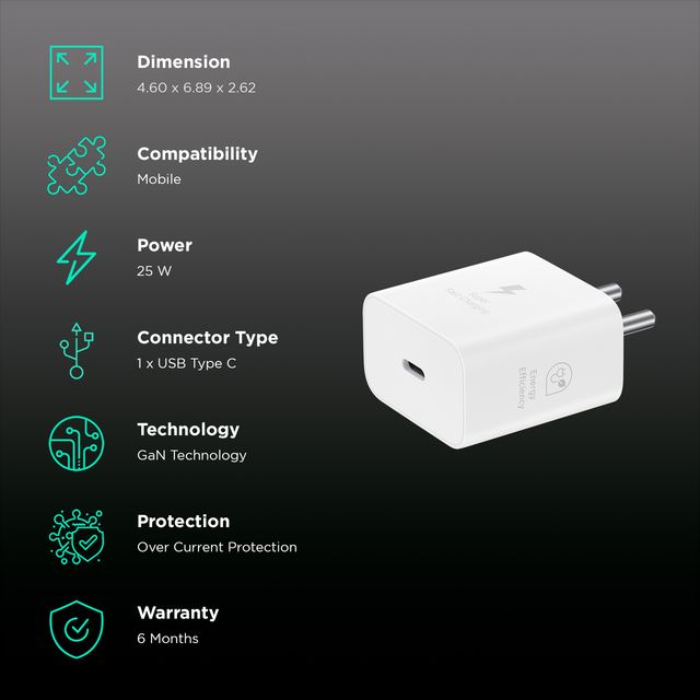 SAMSUNG 25W Type C Fast Charger (Adapter Only, Support PD 3. PPS, White)