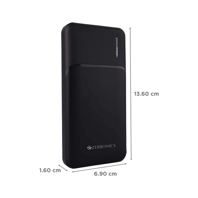 ZEBRONICS 10000 mAh Power Bank (2 Type A, 1 Type C & 1 Micro USB Ports, LED Indicator, Black)