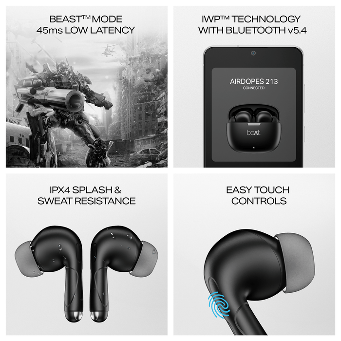 Boat Airdopes 213, 50H Battery, ENx Tech, Beast Mode, ASAP Charge, Bluetooth Earbuds